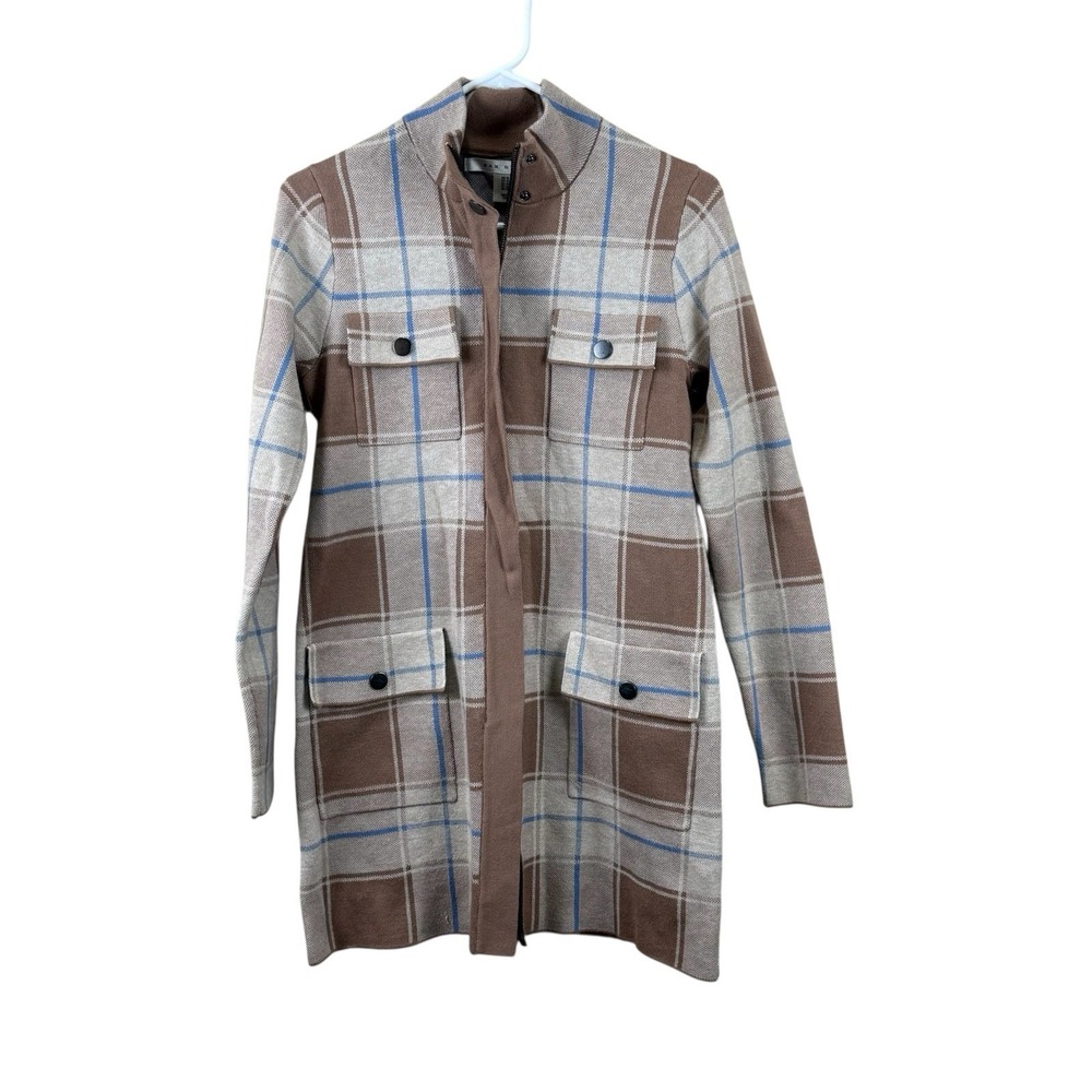 MAX STUDIO Women M Beige Blue Plaid Full Zip Knit Cardigan Sweater NWT